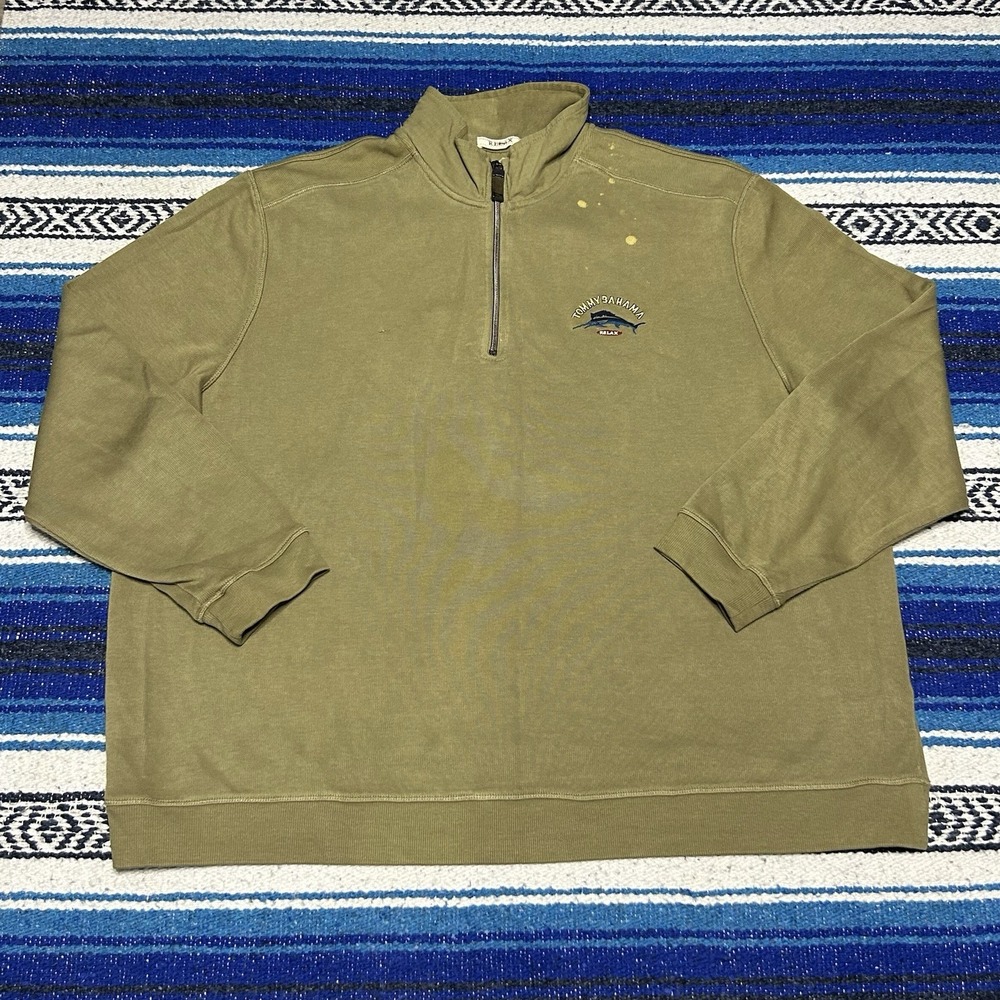 Tommy Bahama Relax Mens 2XL 1/4 Zip Pullover Sweatshirt Green Marlin Cotton